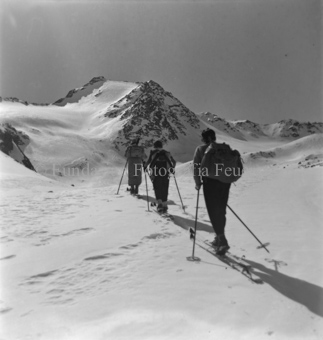 Drei Skitourengänger, hinten Berggipfel