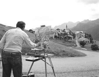 Maler ausserhalb Guarda, Bild vom Dorf