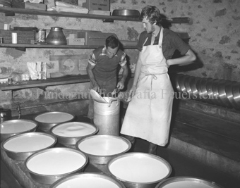 Käseherstellung, Käse in Formen, zwei Käser