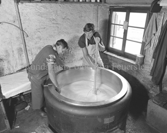 Käseherstellung, zwei Käser rühren Milch und Lab