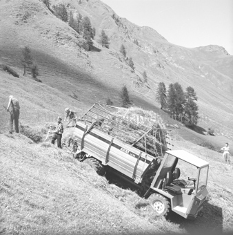 Bauern beladen motorisierten Heuwagen am Hang