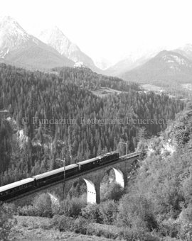 Zug der Rhätischen Bahn auf Viadukt, Wald und Berglandschaft im Hintergrund