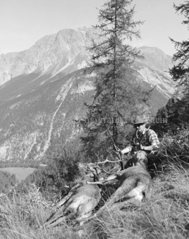 Jäger mit zwei Hirschen am Hang, Berglandschaft im Hintergrund