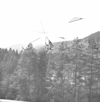 Hängegleiterflieger über dem Boden, im Hintergrund Wald