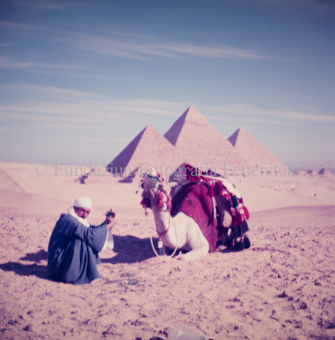 Kamel und Mann, im Hintergrund Pyramiden