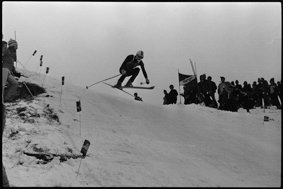 Skifahrer in voller Fahrt auf der Piste, Zuschauer, Pistenmarkierung mit Aufschrift «Wengen»