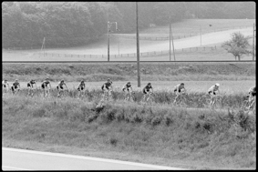Rennfahrer-Kolonne auf Feldweg fahrend neben Bahntrassee in ländlicher Umgebung