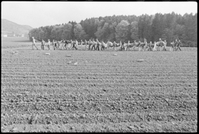 Pilot und Kinder tragen den zusammengefalteten Ballon über ein Feld