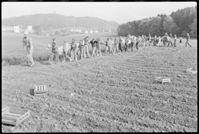 Pilot und Kinder tragen den zusammengefalteten Ballon über ein Feld, im Hintergrund Ulmizberg