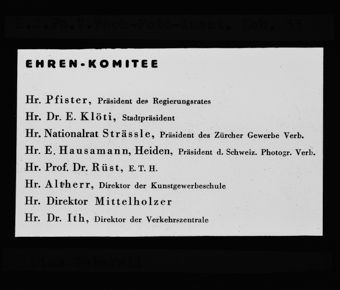 Liste des Ehren-Komitees der Ausstellung «Fach-Foto» von 1933, organisiert vom Zürcher Photographen Verein