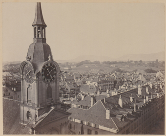 Ausblick vom Christoffelturm in Richtung Turm der Heiliggeistkirche (Nordost), Lorraine und Rabbental, verlegt von «Verlag Cramer & Lüthi, Zürich»