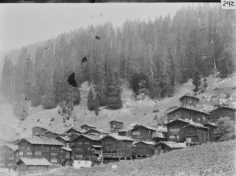 Gleichmässig ausgerichtete Holzgebäude an Hanglage, im Hintergund bewaldeter Steilhang