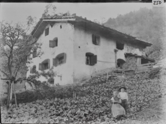 Dreistöckiges, gemauertes Wohngebäude mit Pultdach an Hanglage, Fenster mit Flachbogen und Fensterläden, rechts im Vorfergrund Mädchen und Knabe auf Weide stehend