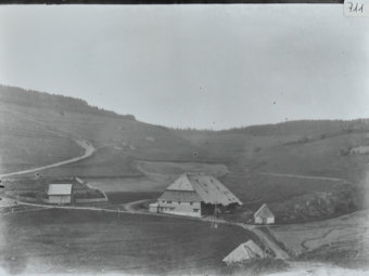 Aufnahme eines Bauernhauses aus der Ferne, Walm- resp. Schleppdach, Strasse führt neben dem Haus vorbei, zwei weitere kleinere Gebäude neben dem Bauernhaus
