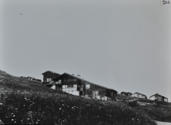 Mehrstöckiges Bauernhaus aus Holz mit Fundament aus Stein, Schleppdach über dem Haus sowie der angebauter Scheune, mehrer Leiter und Gegenstände an das Haus angelehnt, Haus am Hang erbaut, im Hintergrund weitere Gebäude