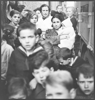 Ankunft der Lastwagen, mit Lebensmitteln, vor der Schweizerschule