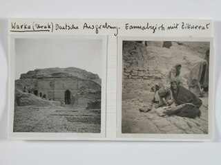 Irak, Uruk (Warka): Ausgrabungen; Karteikarte: Eanna-Bezirk mit Zikurrat; Arbeiter bei Ausgrabungen