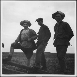 Russland, Nordossetien: Bauern (Lokalisierung unsicher); Porträt von drei Bauern