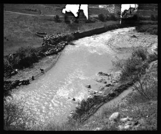 Persien, Firuskuh (Firuzkuh) im Elburs-Gebirge (Elburz): Landschaft; Schafherde an einem Fluss