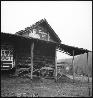 USA, zwischen Montgomery/AL und Columbus/GA: Hütte; Scheune mit Werbeplakat, davor eine Kutsche