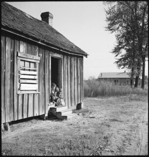 USA, Lumberton/NC: Menschen; Kinder auf Treppenstufen sitzend vor einer Holzhütte
