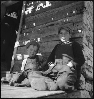 USA, Shenandoah/VA: Menschen; Zwei Kinder auf der Veranda einer Holzhütte