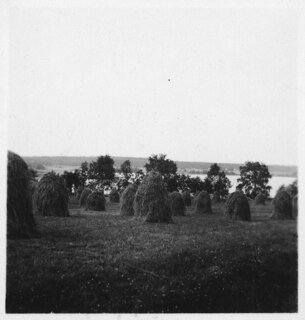 Finnland: Landschaft; Holzgestelle mit Heu zum Trocknen