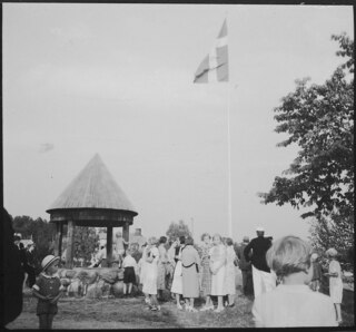 Schweden: Mitsommerfest; Menschengruppe mit schwedischer Flagge