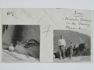 Iran, Mazanderan (Mazandaran): Menschen; Karteikarte: Tonkrug neben einer Hauswand / Zwei Männer und ein Pferd