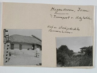 Iran, Mazanderan (Mazandaran): Dorf; Karteikarte: Menschen vor einem strohgedeckten Haus / Eine Art Turm in einer Wiese