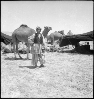 Afghanistan, nahe Bala Murgab (Bala Murghab, Morghab): Menschen; Ein Mann vor einer Gruppe Kamelen und Zelten