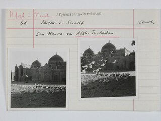 Afghanistan, Mazar-i-Sherif (Mazar-i Scharif, Masar-e Scharif): Grabmal; Karteikarte: Vögel vor einem Gebäude mit Kuppeln