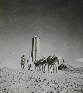 Afghanistan, Ghazni (Ghazna): Menschen; Karteikarte: Vier Männer mit Pferden vor dem Minarett / Ein Knabe sitzend auf einer Holzbank