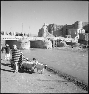 Afghanistan, Ghazni (Ghazna): Menschen; Eine Brücke über einen Fluss, im Vordergrund Männer mit Schafen