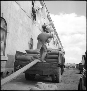 Portugal, Lissabon (Lisboa): Hafen; Ein Arbeiter verlädt Säcke auf einen Lastwagen