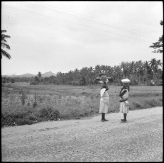 Portugal, San Thomé (São Tomé und Príncipe): Menschen; Zwei Frauen mit gefüllten Körben auf dem Kopf stehen auf einer Landstrasse