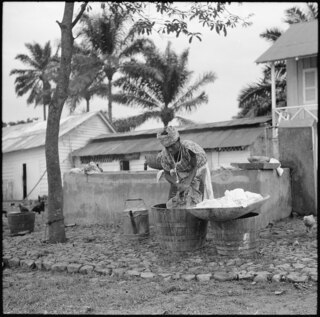 Portugal, San Thomé (São Tomé und Príncipe): Menschen; Frau am Wäsche waschen mit Brunnen und Baracke im Hintergrund