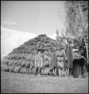 "Strassendorf" auf 2400 m. im Kivu. Hütte im Jturi mit tanzender trauernder Mutter. | [handschriftlicher Eintrag auf Karteikarte]