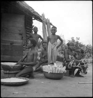 Belgisch-Kongo, Molanda (Malanda): Menschen; Mehrere Personen einer Familie des Stammes Gombé verarbeiten vor einer Holzhütte Maiskolben