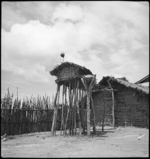 Belgisch-Kongo, bei Thysville (Mbanza Ngungu): Dorfansicht; Mit Stroh und Holz gebauter Taubenschlag mit Zaun und Lehmhütte im Hintergrund