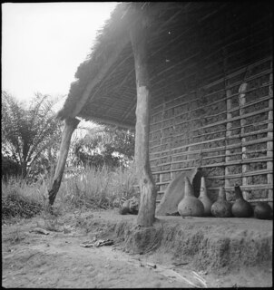 Belgisch-Kongo, Thysville (Mbanza Ngungu): Hütte; Lehm- und Strohhütte mit mehreren Kalebassen (Gefässe aus Kürbissen) davor