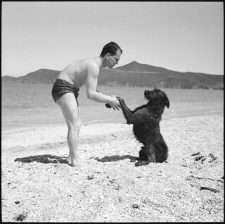 Spanisch-Marokko, Tétouan: Menschen; Herr Daber in Badehosen und mit einem Hund (Ourmès oder Poulah?) spielend am Strand von Tétouan