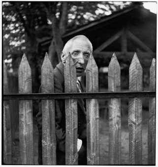 Mann blickt über den Zaun zum Fotografen