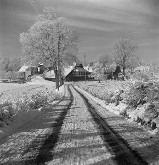 Winterliches Bild mit Strasse und Bauernhof