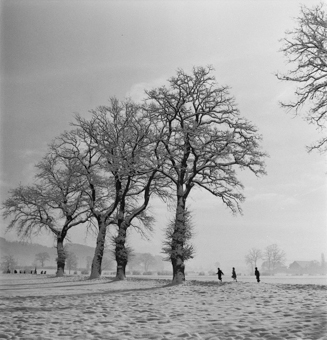 Feld im Winter, verschneite Bäume, Kinder auf Feldweg, im Hintergrund ein Dorf  