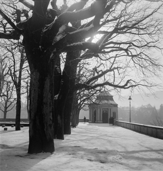Spaziergänger auf der verschneiten Münsterplattform. Pavillon, Kandelaber