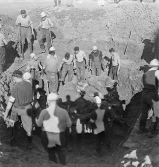 Rotkreuzfreiwillige und Soldaten bei Ausgrabungsarbeiten