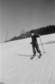 Mädchen auf Skis fährt einen Hang hinunter