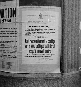 Unruhen von Genf 1932: Plakat mit Demonstrationsverbot im Kanton Genf