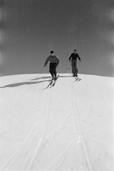 Zwei Buben auf Skiern den Schneehang herunterfahrend